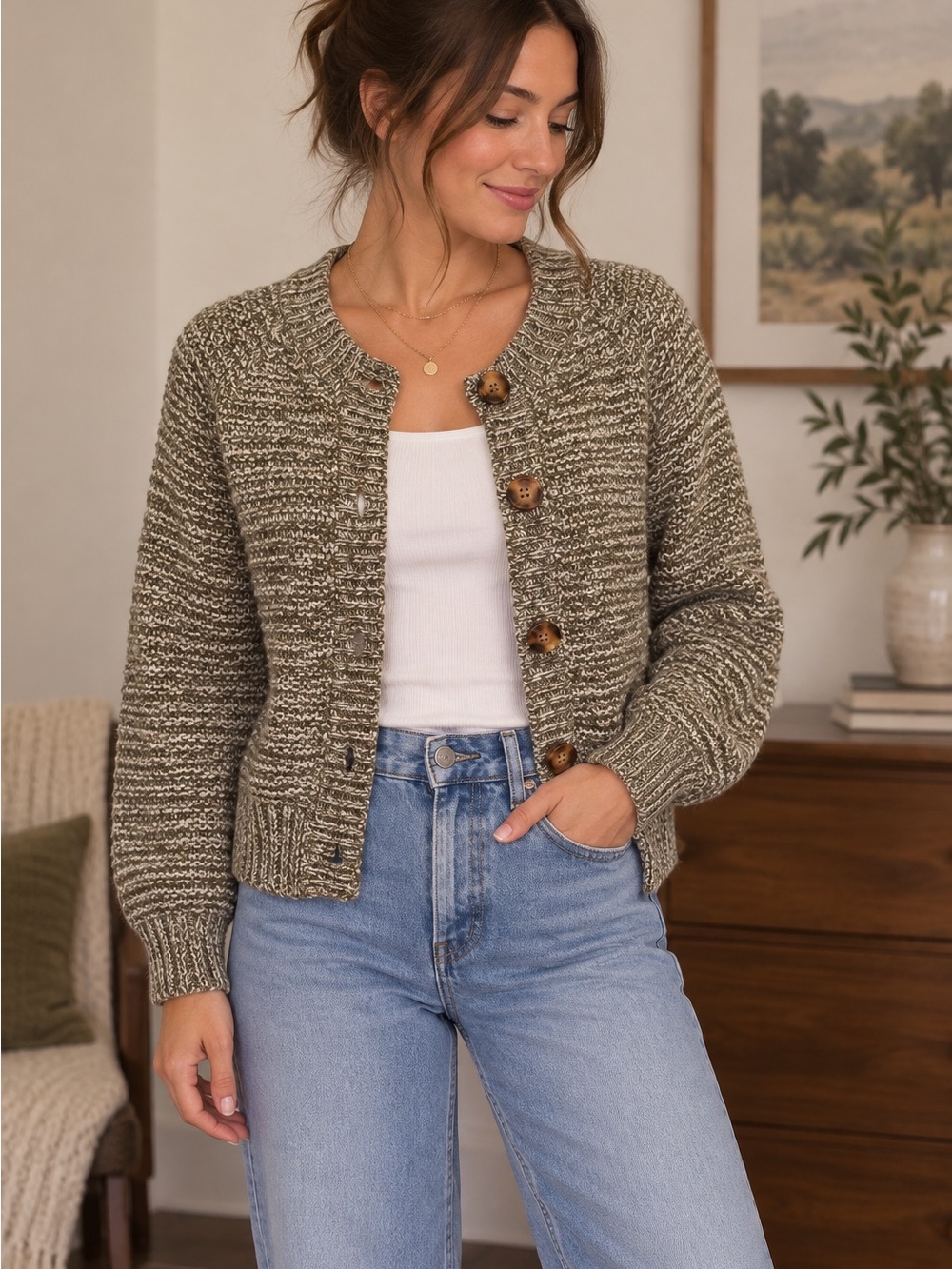 Universal Thread Olive Marled Button-Front Knit Cardigan